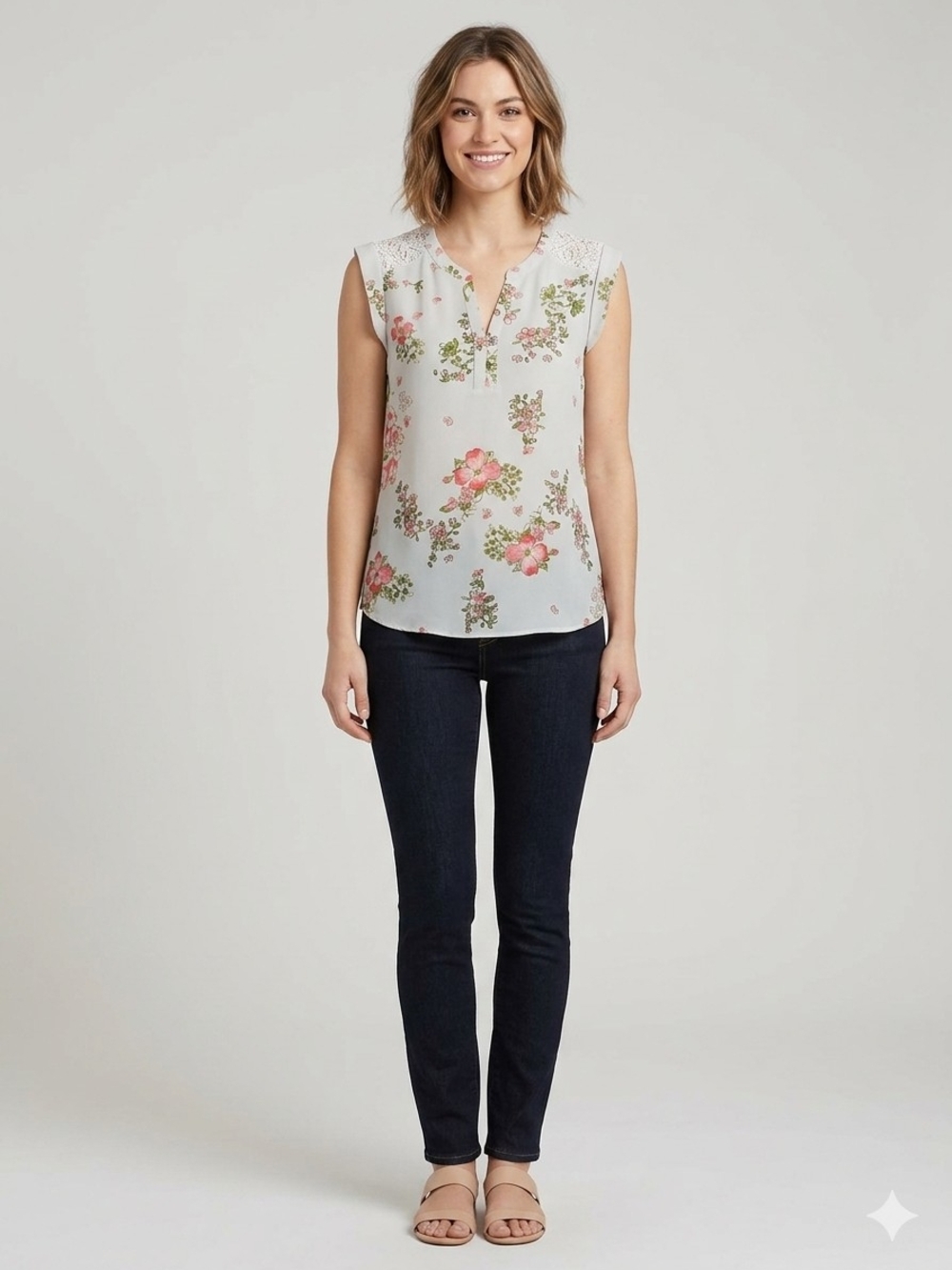 Van Heusen Cream Floral Sleeveless Lace Shoulder Blouse M